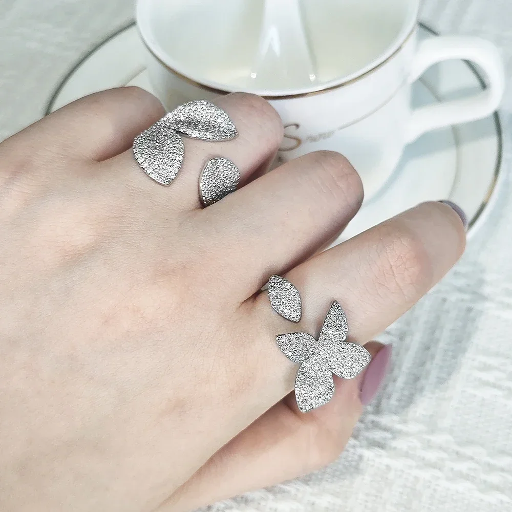 Moonso Flower Leaf Adjustable Rings for Women Delicate Silver Color Zircon Open Ring Fashion Wedding Party Jewelry R5433-R8448