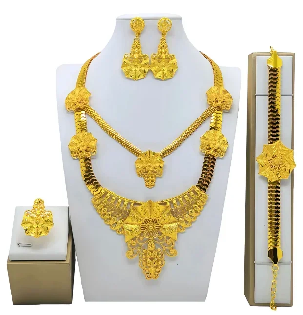 Conjunto de collar y pendientes redondos de cobre para mujer, joyería Etíope para fiesta nupcial nigeriana, Color dorado, Dubai africano, moda