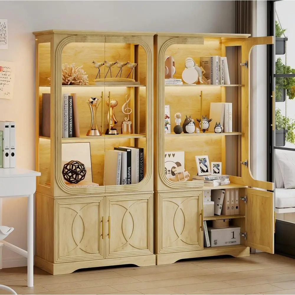 2pc Wooden Glass Display Cabinet, 69 Tall Curio with LED Lights, 3-Shelf Living Room Storage Showcase (Oak)