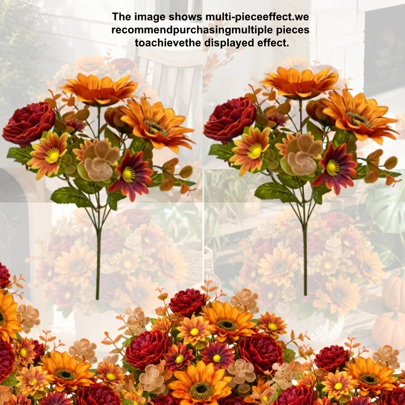 2-teiliger Herbstlicher Künstlicher Blumenstrauß in warmen Tönen mit Sonnenblumen und burgunderfarbenen Rosen für Halloween- und Thanksgiving-Dekoration 2026 – Detail 7