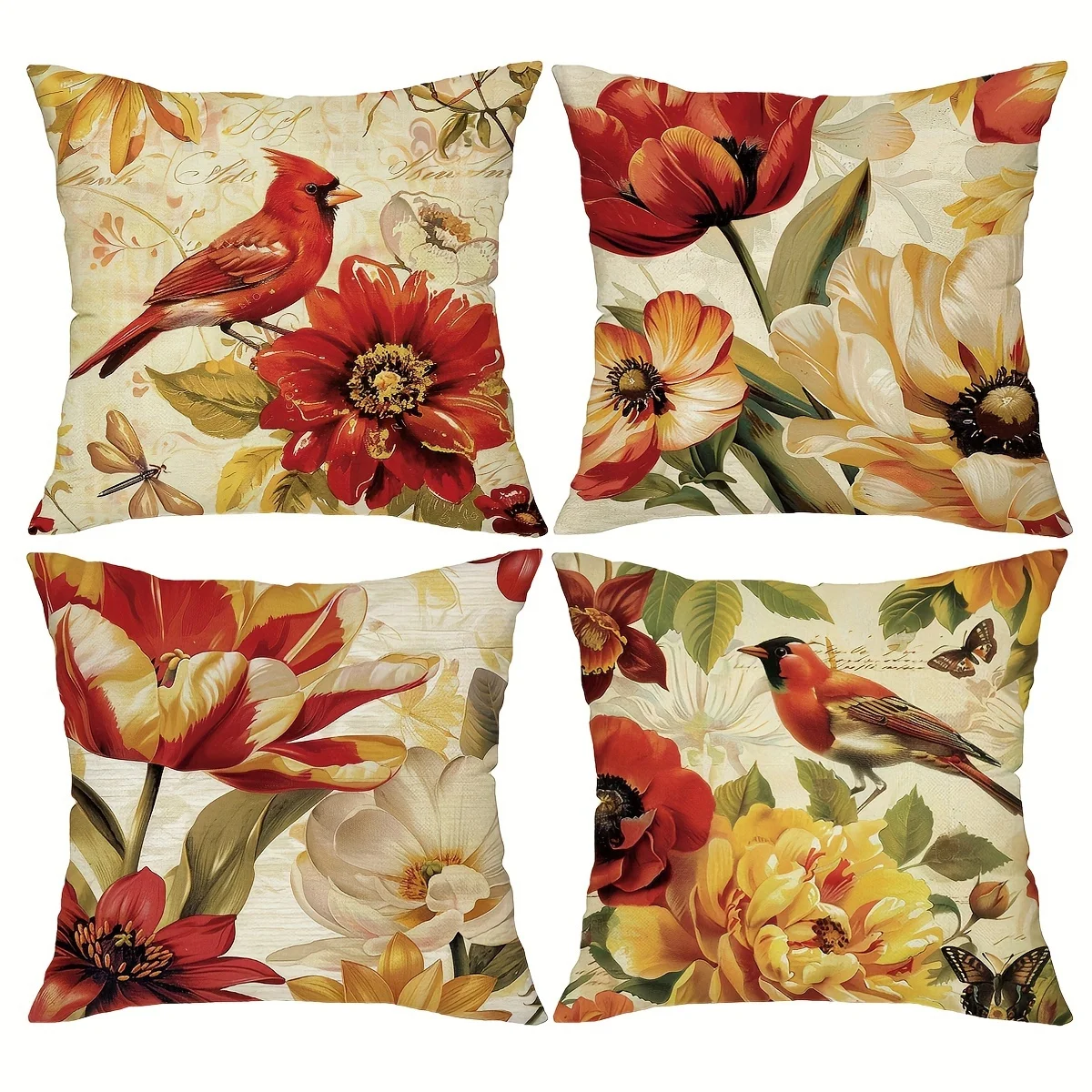 

4pcs Floral Bird Pillow Covers Velvet Polyester Cushion Cases Red Cardinal Decorative Throw Pillows Home Decor