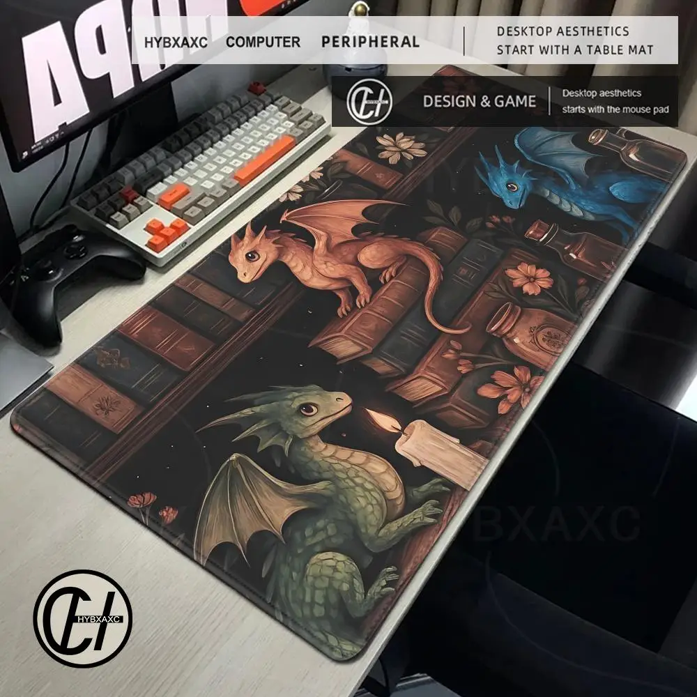 

Коврик для мыши с изображением фэнтези-дракона, большой коврик для библиотеки Cottagecore, резиновый коврик для ПК, компьютерных игр, настольный коврик, коврик для мыши XL Gamer