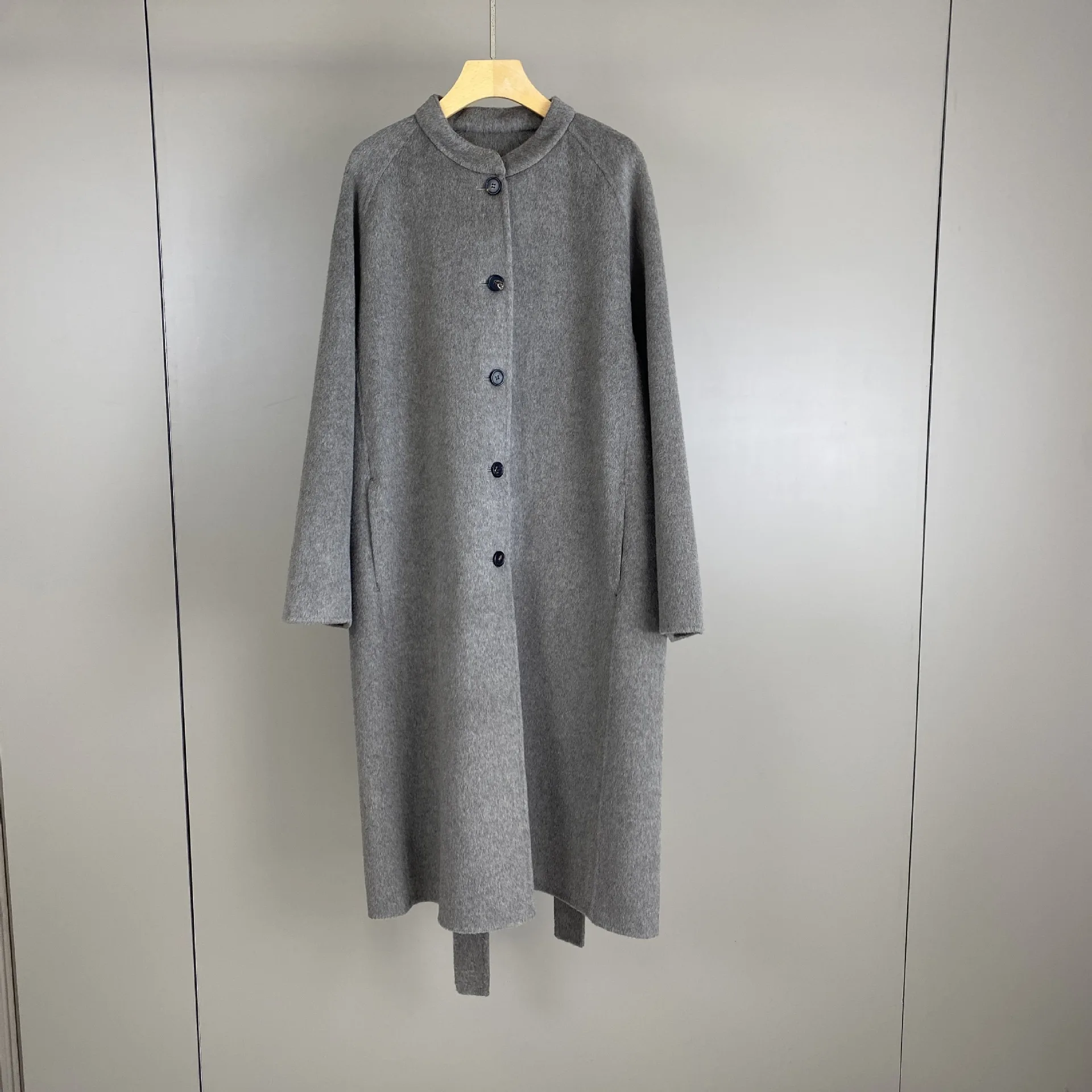 2026 Autumn Winter New Round Neck Cashmere Wool Solid Color Belt Long Coat Jacket