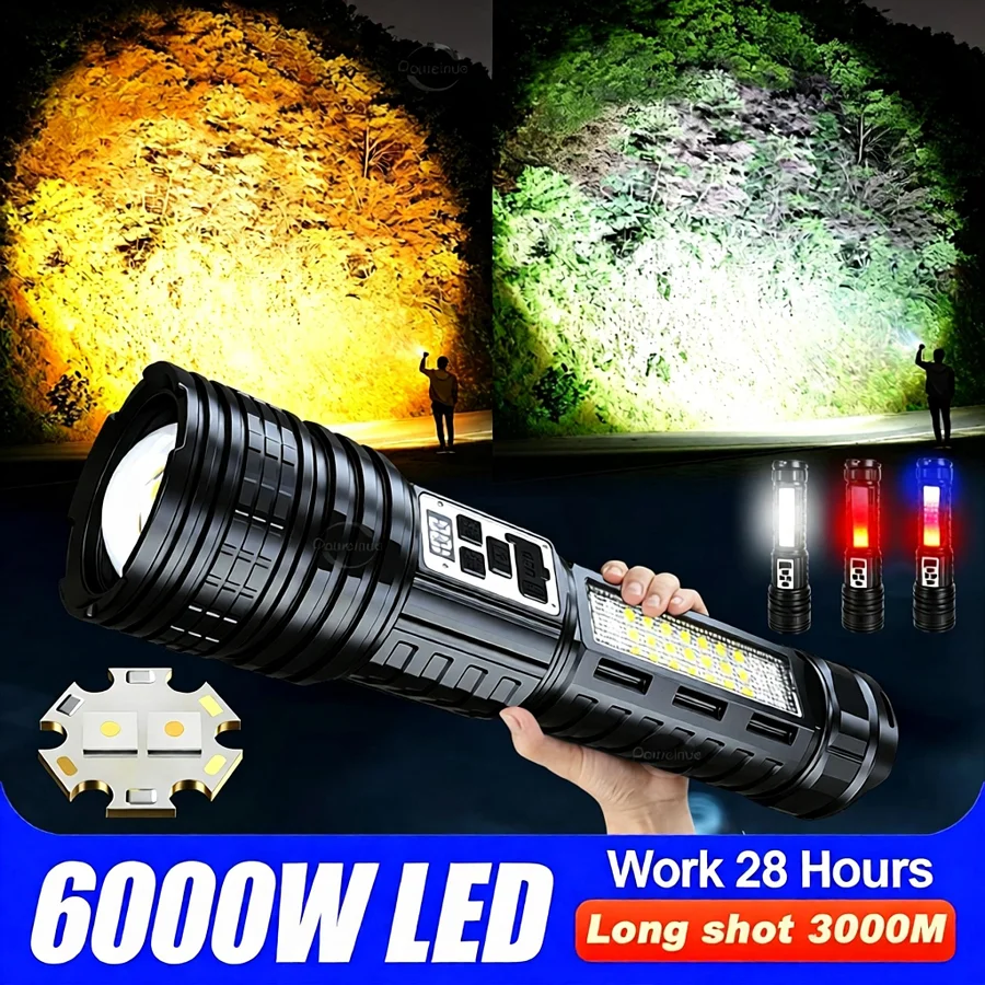 6000W High Power Flashlights White/Yellow Light Rechargeable Tactical Torch Light Super Powerful Flashlights for Camping Fishing