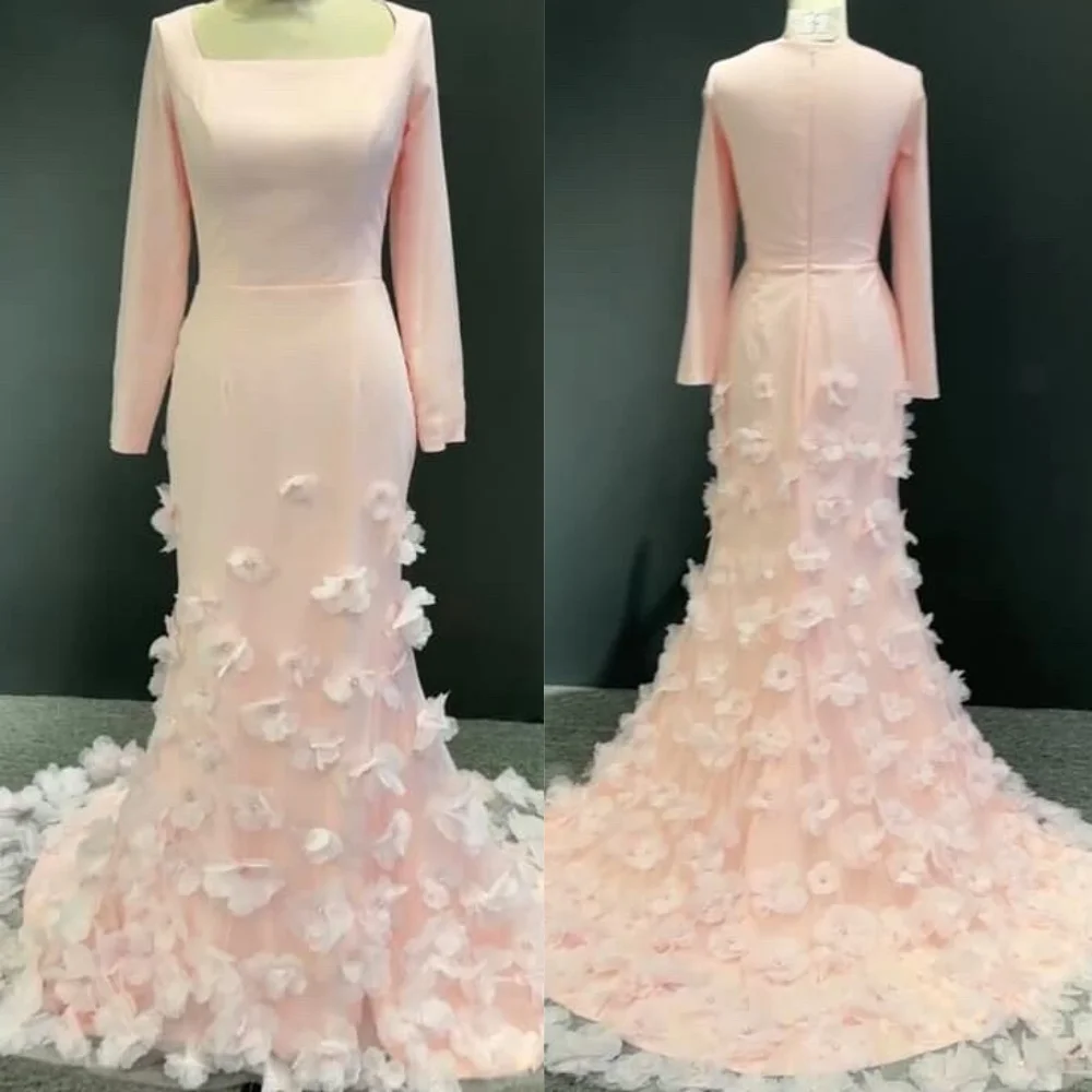 

Customized Modern Style Exquisite Jersey Handmade Flower Pearl Ruched Mermaid Square Neck Long Dresses Bespoke Occasion Dresses