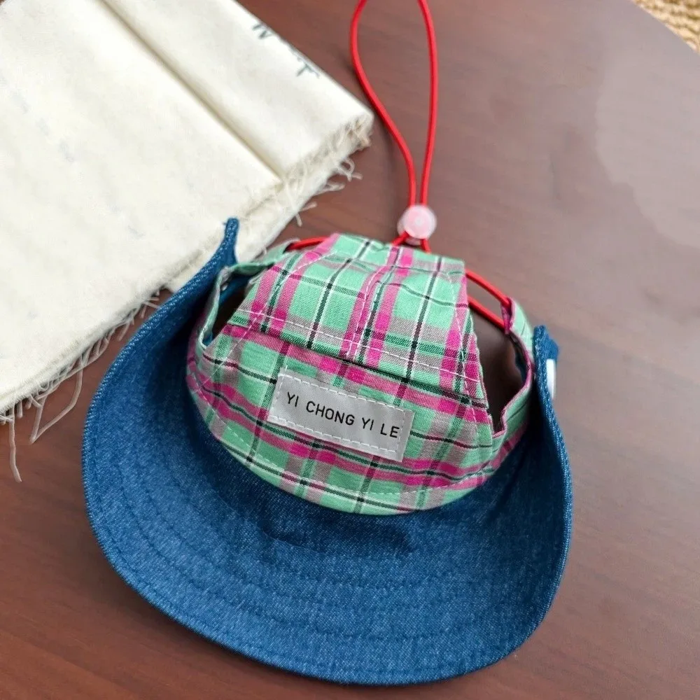 Adjustable Pet Sun Protection Denim Hat Breathable Checkered Dog Fisherman Hat Lightweight with Ear Hole Bucket Hat Hiking