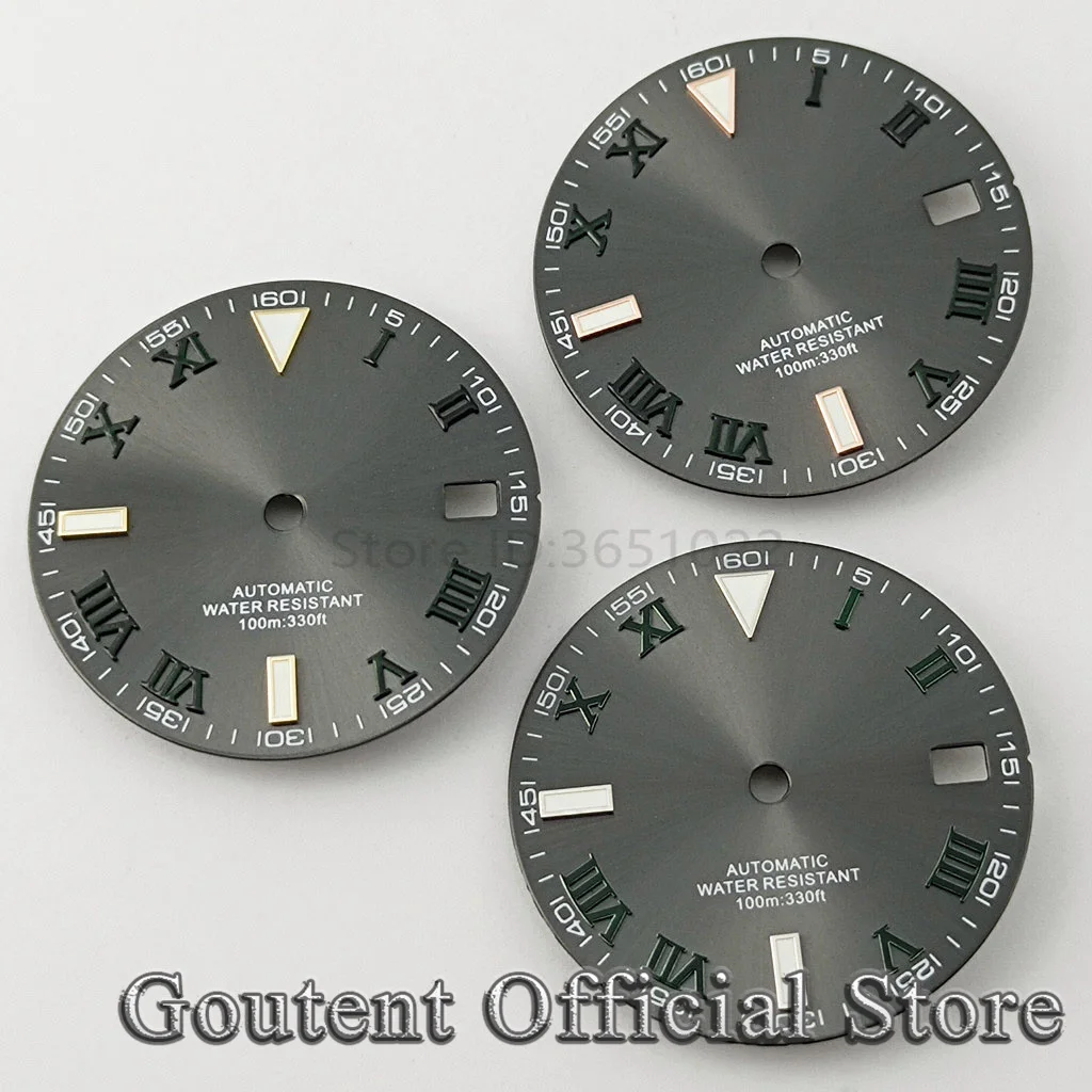 Goutent 29mm Sterile Gray Roman Numeral Watch Dial Green Luminous Fit NH35 Automatic Movement