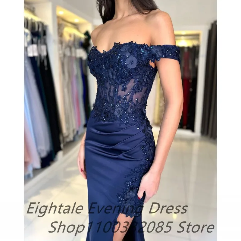 Eightale Customized 2025 Navy Blue Mermaid Prom Dress Off Shoulder Floral Appliques Evening Dress Women Formal Party Gown