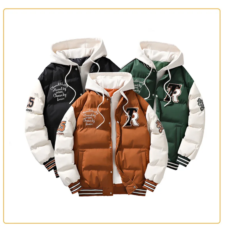 Herren Parka Baumwolle gepolsterte Jacke Kapuze Brief Stickerei Reiß verschluss Taschen kälte feste Oberbekleidung Herren mantel Streetwear Chic Hot