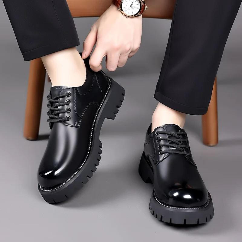 WAERTA Men Korea Leather Platform Oxfords Slip On Thick Tottom Male Derby Shoes Casual Loafers Men Square Toe Formal Dress Shoes