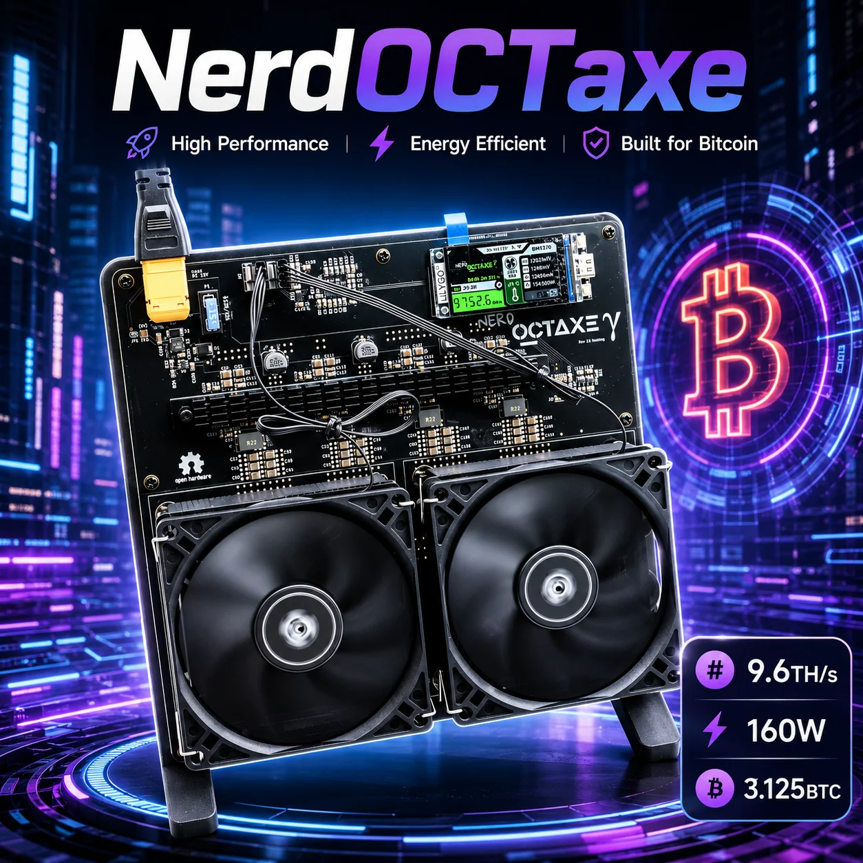 NerdOCTAxe 9.6Th/s 160W, Algoritmo sha-256, Chip BM1370, Miner de Bitcoin Solo, Mini Miner de Bitcoin BCH para el Hogar, Máquina de Minería con Ventiladores Dobles