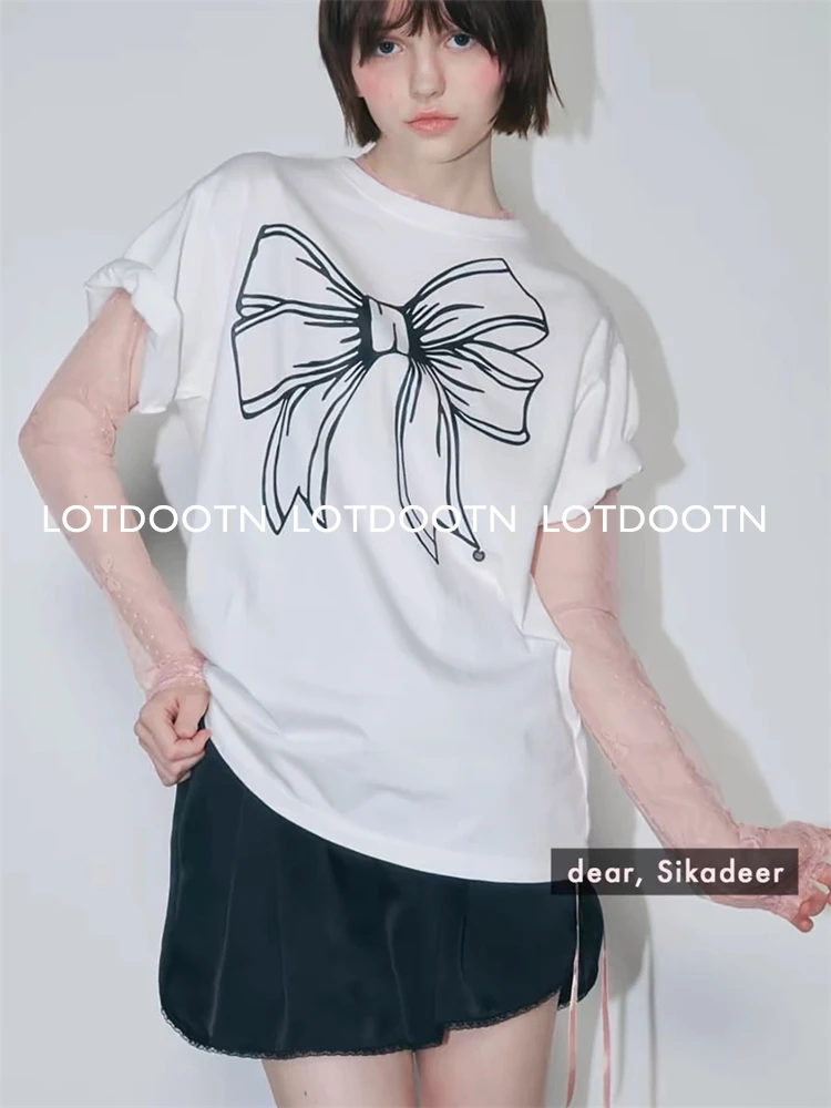 LOTDOOTN Summer Preppy Y2k T-shirts Women Kawaii Bow Print Short Sleeve Graphic T Shirts Harajuku Fashion Casual Tops Cute Tees