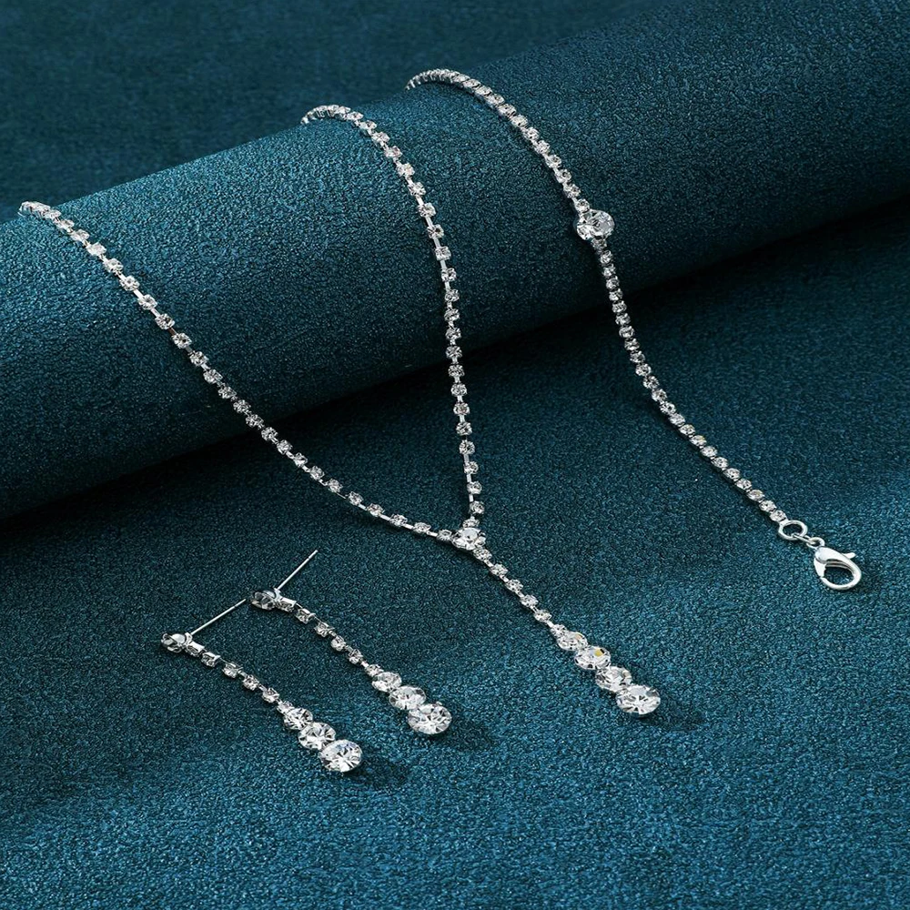 Комплект свадебных украшений со стразами — серебряное ожерелье, серьги и браслет для свадьбы и вечеринки