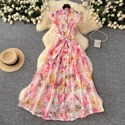 Summer Gorgeous Flower Embroidery Lace Spliced Wedding Dress Women Ruffles Sleeve Colorful Belt Long Robe Holiday Party Vestidos
