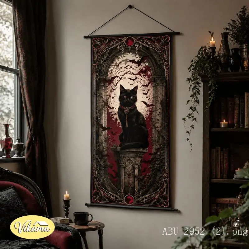 VIKAMA Gothic Black Cat Tapestry Stone Pillar Arch Bat Red Gem Dark Anime Art Polyester Wall Hanging Bedroom Dorm Home Decor