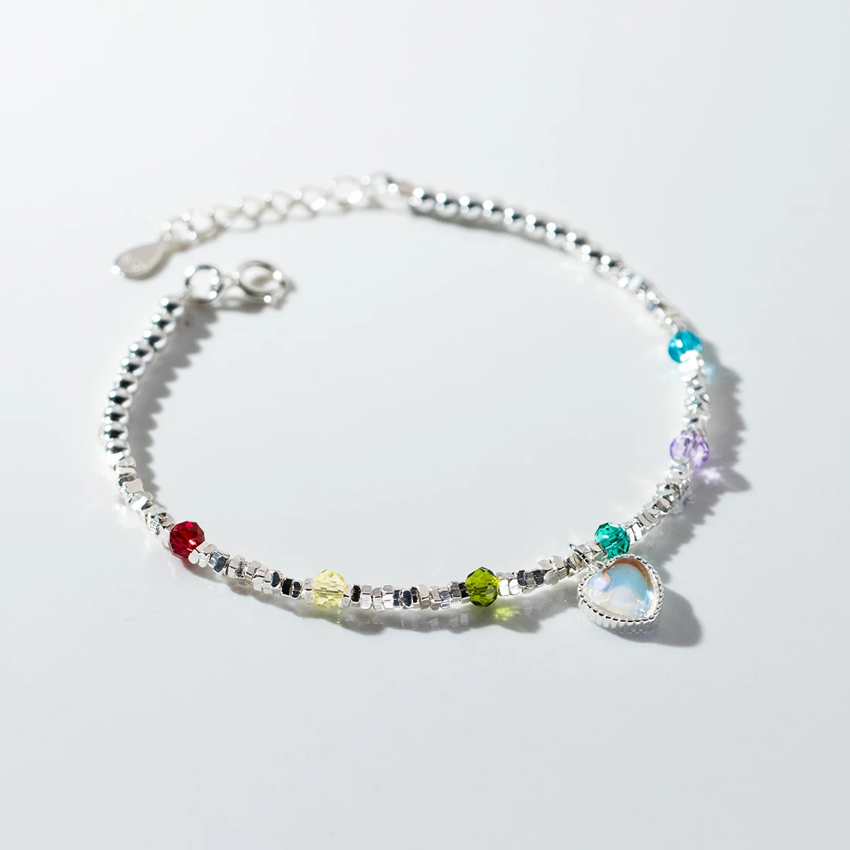 MODIAN 925 Sterling Silver Rainbow Color Crystal Beads Bracelet Charm Heart Moonstone Link Chain Bracelets For Women Jewelry image 3