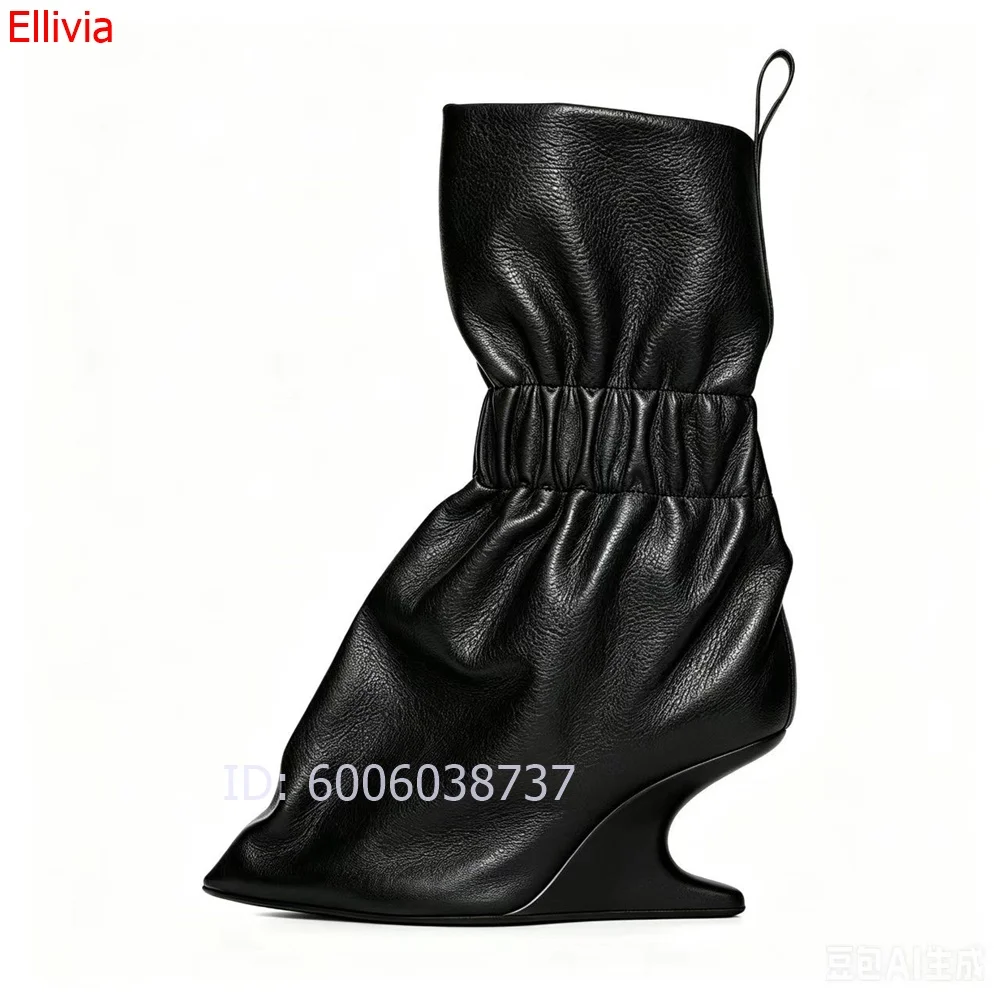 Women Ankle Boots Pointed Toe Unique Curved Wedge Heel Soft  Leather  Pleated Mid Calf Boot Fashion Streetwear Party Ladies