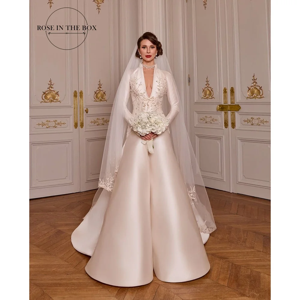 ROSEINBOX Ivory Satin Wedding Dresses 2026 Lace Embroidery with Veil Long Sleeve vestidos de novia Deep V-neck Bridal Gowns