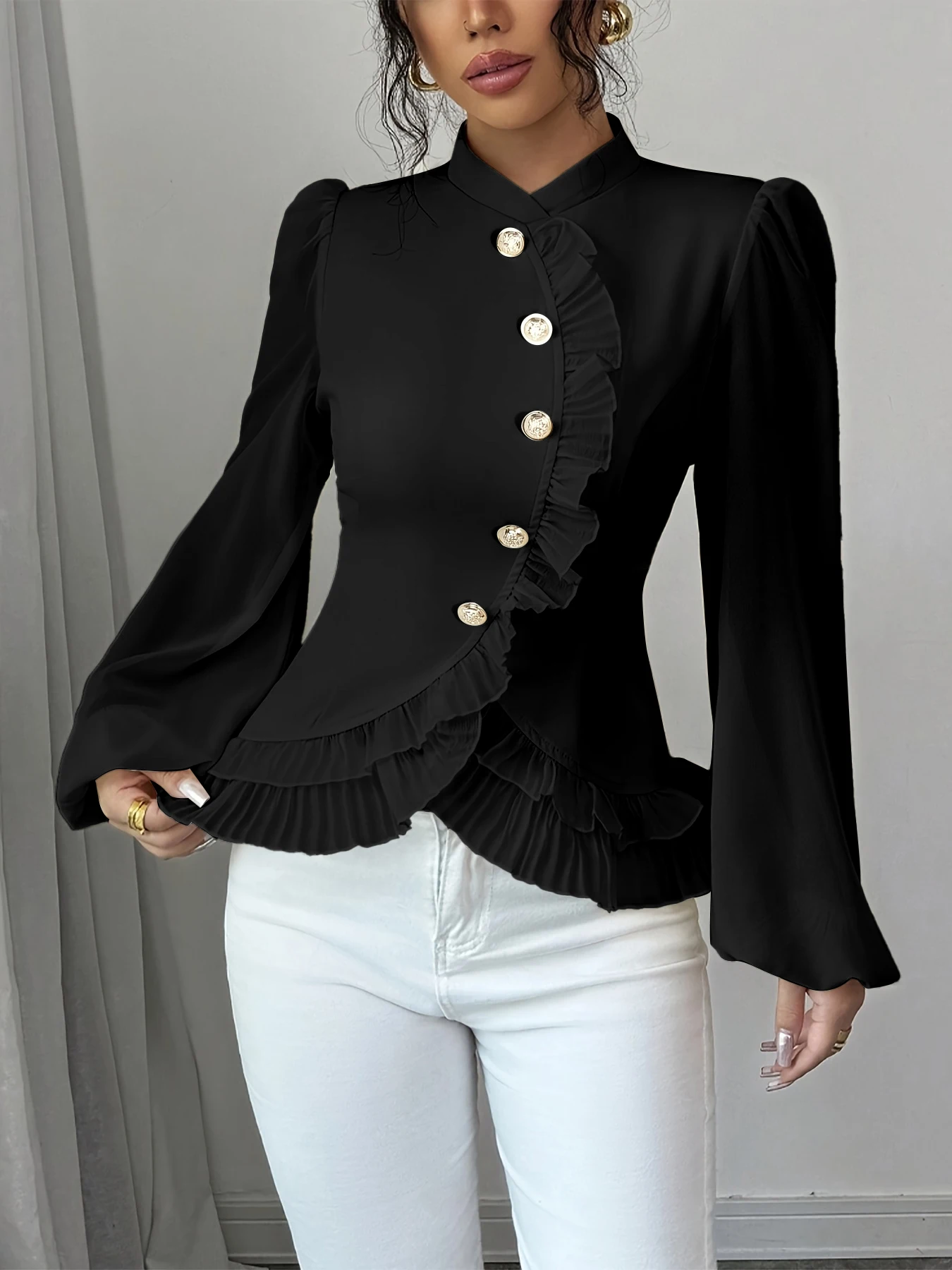 

Spring Summer Women's Blouse Black Ruffled Long Bell Sleeve Gold Buttons Peplum Hem Elegant Retro Chic Daily Party Dating Top