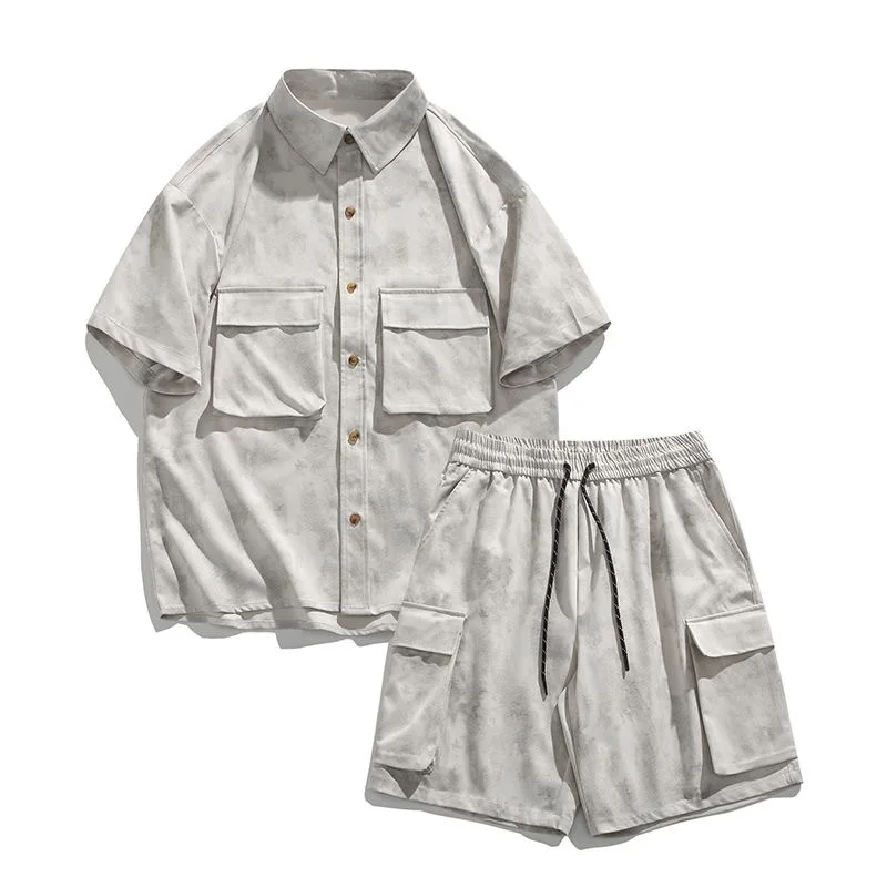 Summer New American Retro Multi Pocket Short Sleeve Shirt Set for Men's Casual Loose Sports Breathable Large Two Piece Set