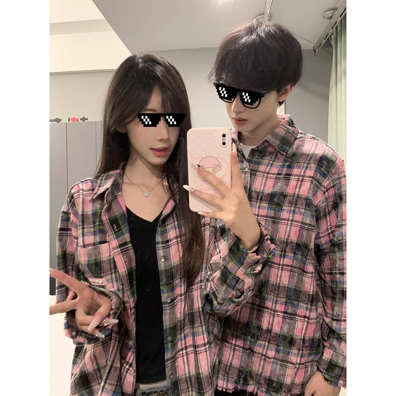 

Мужская рубашка Cleanfit Pink Tie Dye в клетку с длинным рукавом, осенняя, в американском ретро-стиле, для пар, свободного кроя, модная, с воротником-стойкой