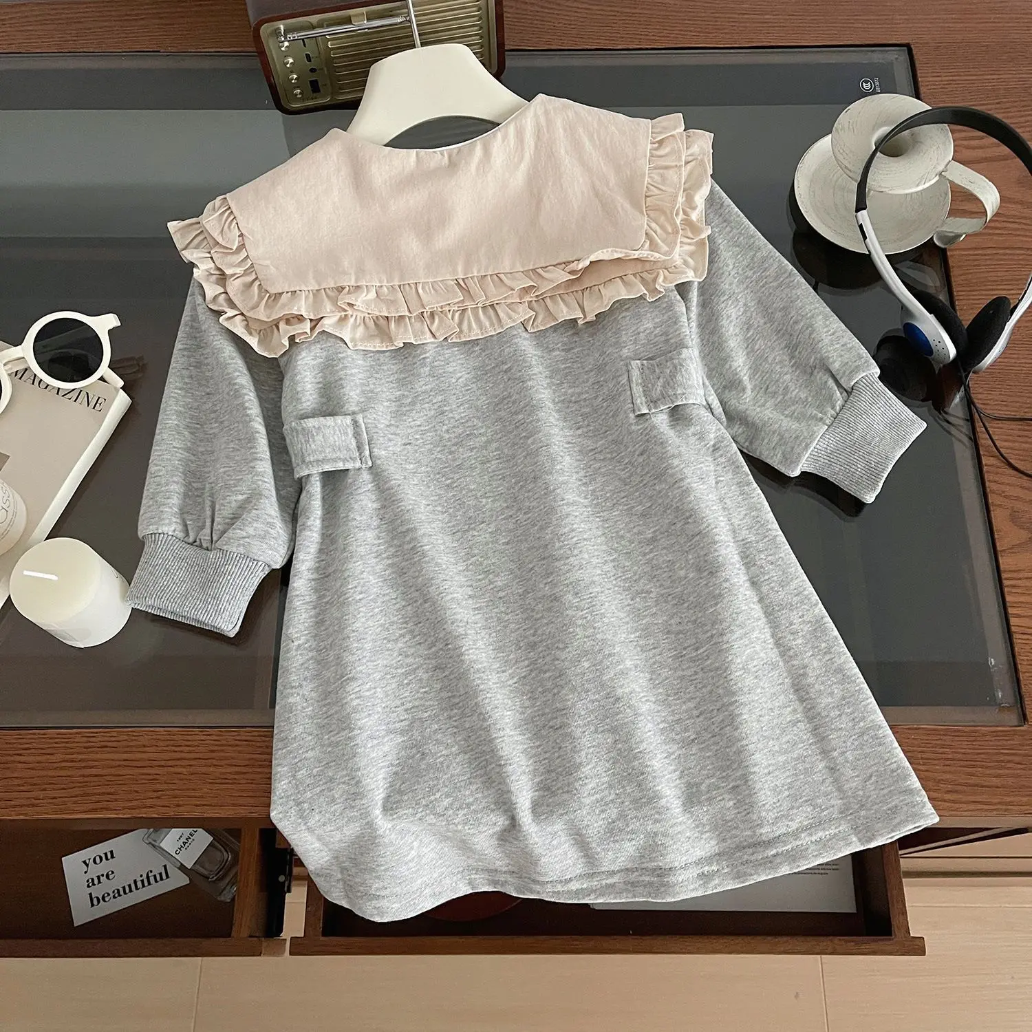Girls' Double-layer Big Collar Solid Color Long Sleeved Casual Dress 2026 Spring and Autumn New Double Button Korean Skirt