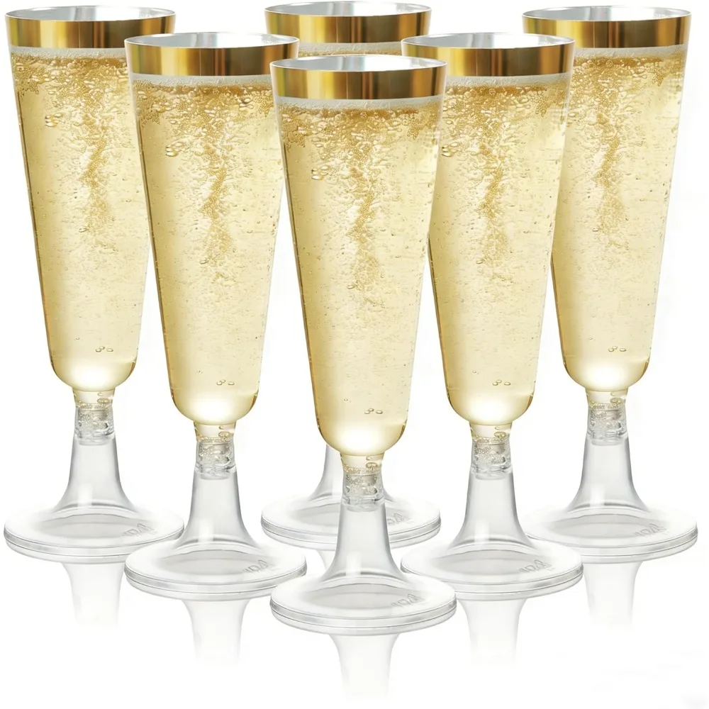 

100 прозрачных одноразовых бокалов для шампанского с золотым ободком, 5,5 унций, для вечеринок, свадеб и коктейлей