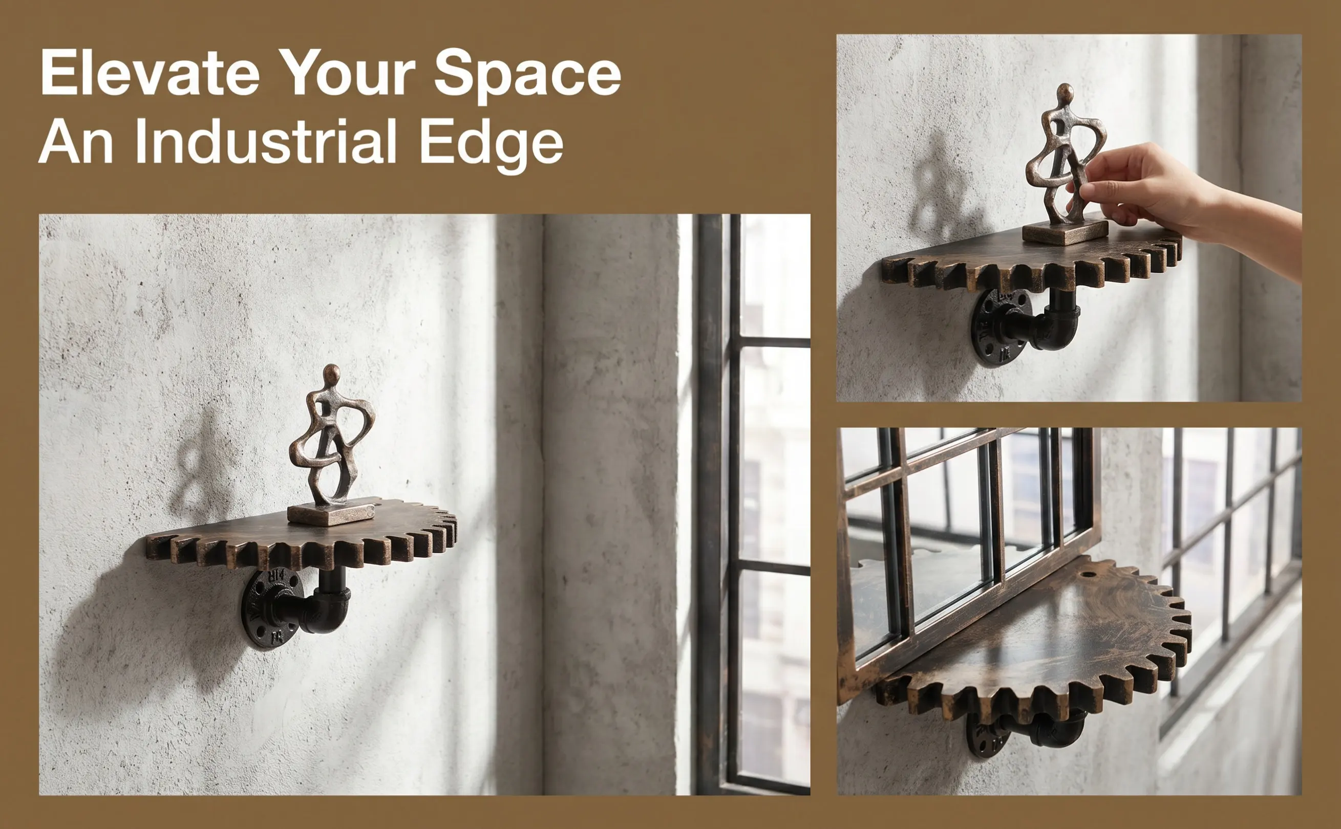 Industrial Rustic Water Pipe Wall Mounted Shelf Gear Decor Floating Partition Display Rack for Farmhouse Kitchen Office