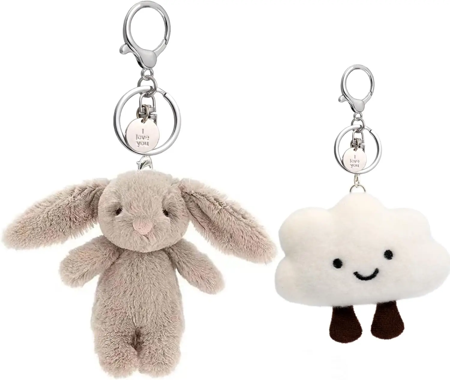 女性用バッグ、バックパック、財布用の愛らしいウサギのぬいぐるみキーホルダー - 笑顔の雲デザイン