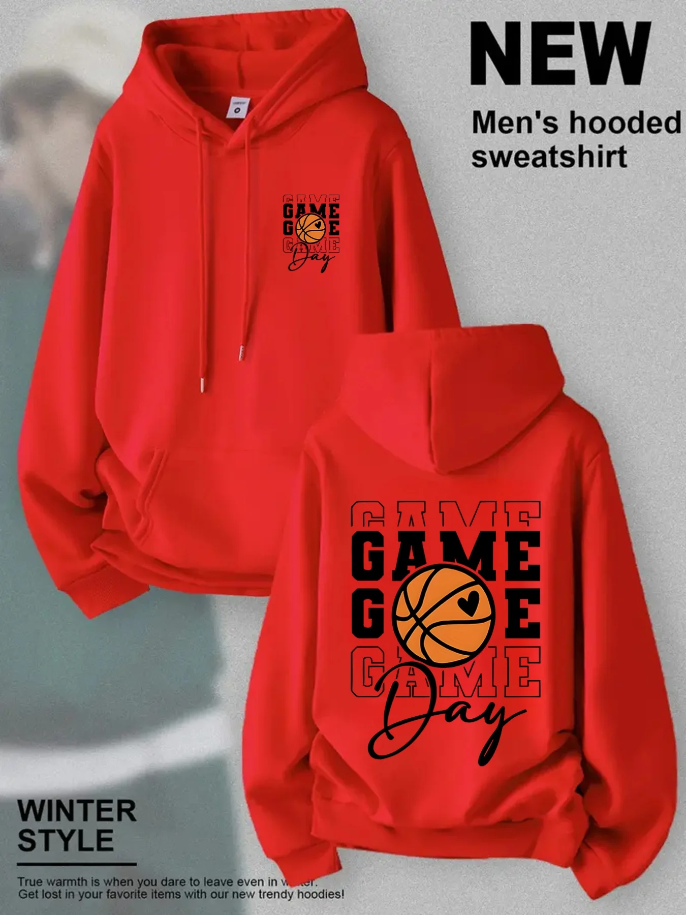 Hot-blooded Sports Men's Loose Hoodie with Collar and Basketball Print of Stacked Letters and Hearts - Athletic Hip-Hop Hoodie