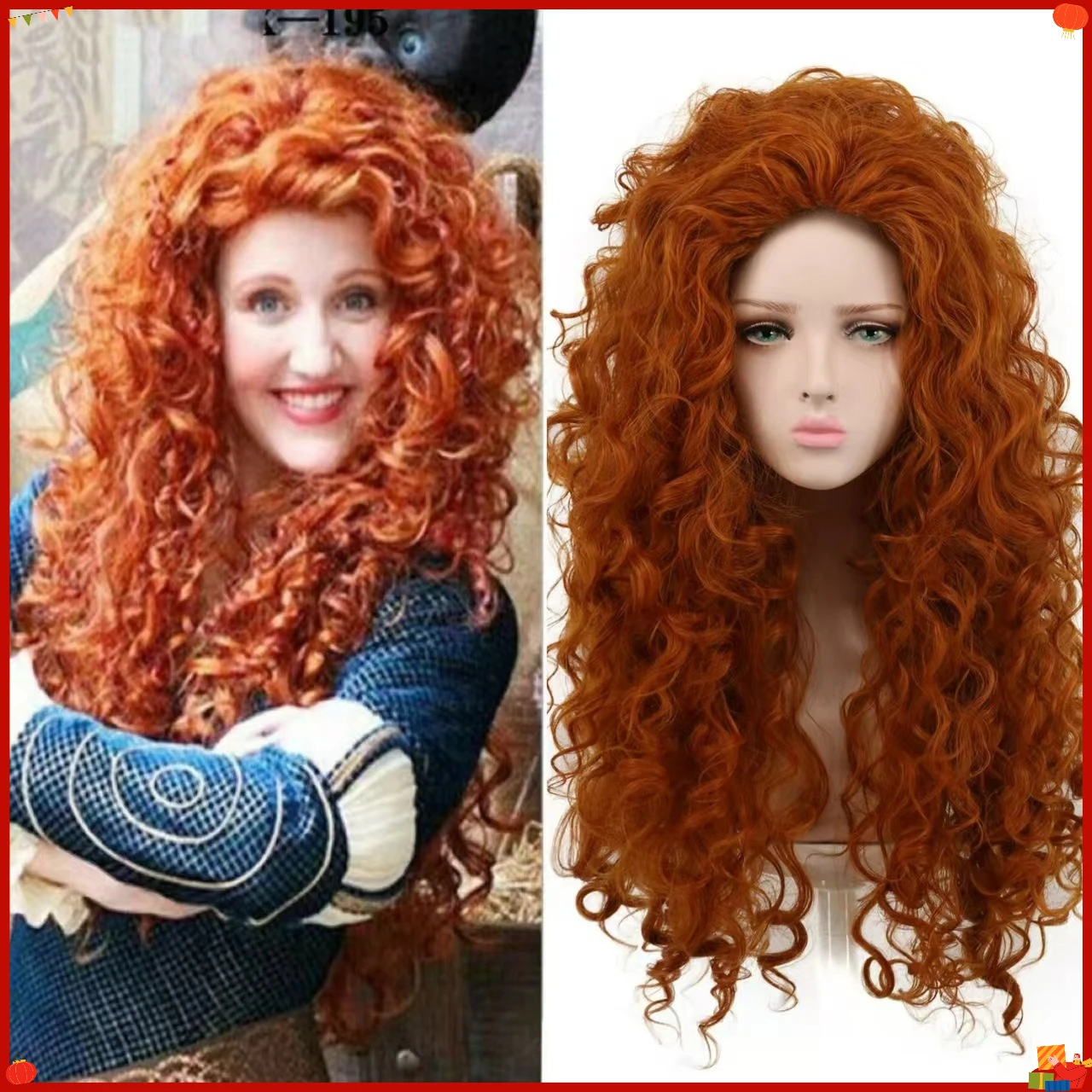 Synthetic Long Curly Wave Cosplay Wig Orange Puff Style Princess Inspired Hair Halloween Party Costume Heat Resistant Fiber