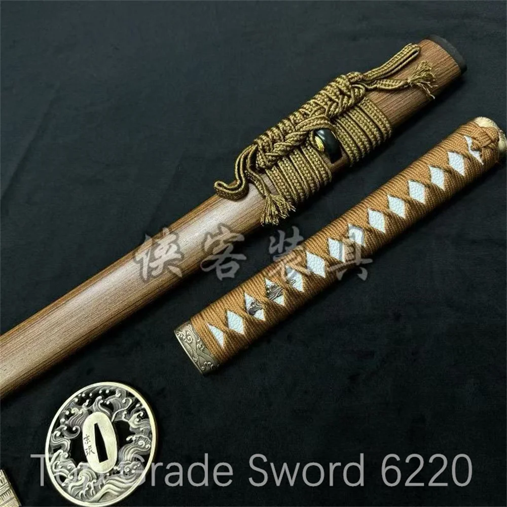 A Set Nice Brown Tsuka Handle Brass Tsuba Handguard Habaki Seppa Hardwood Sheath For Real Samurai Katana Wakizashi Sword Parts