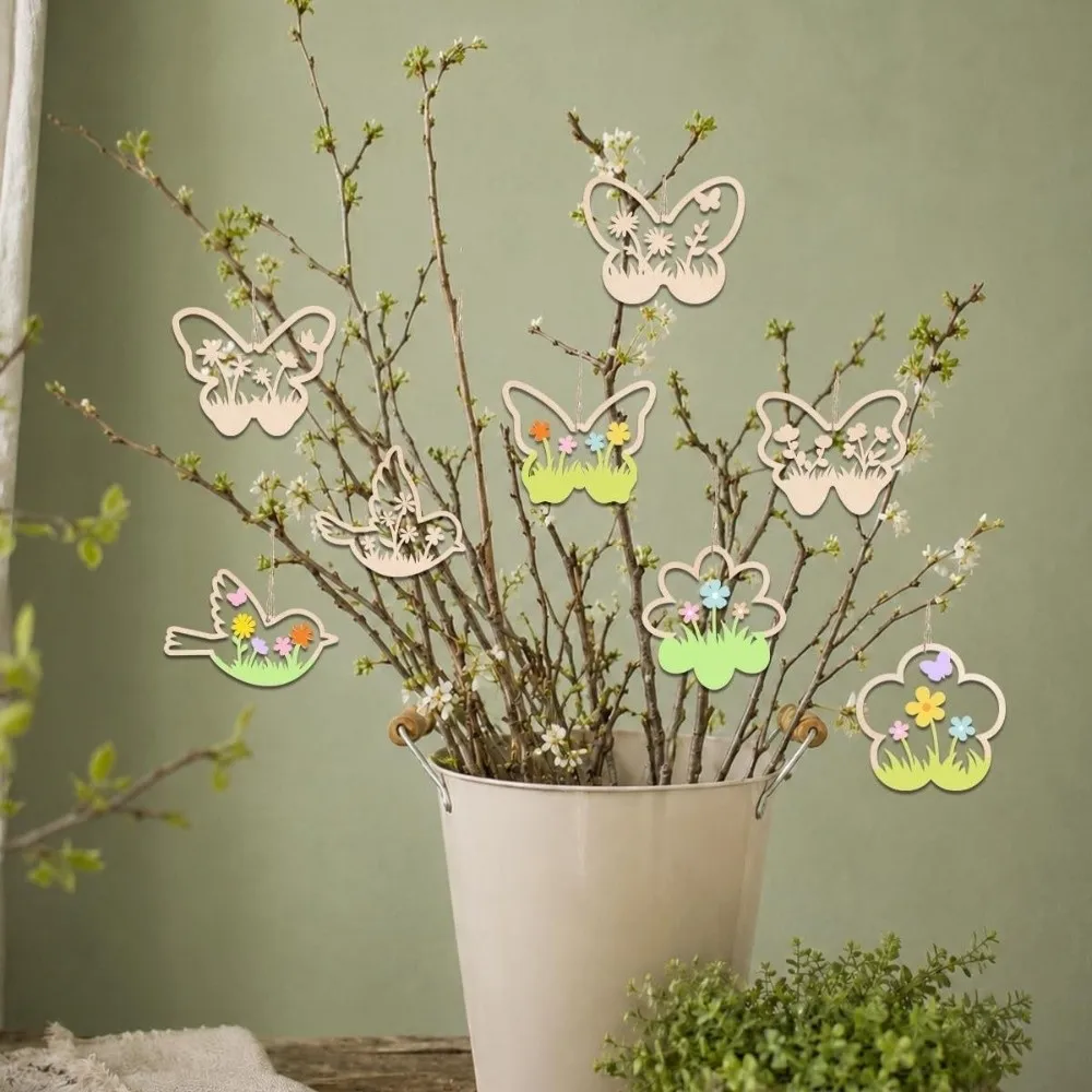 6pcs Wooden Butterfly Flower Shaped Ornaments Unfinished Hanging Home Decor Handmade Coloring Mini Wood Crafts