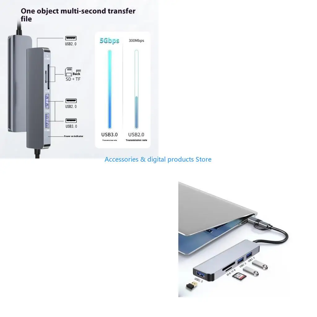 77JD Space Saving 5 Port USB C Dock Speed 5 in 1 Aluminum USB Hub Easy to Carry for Printers & Computer Peripherals