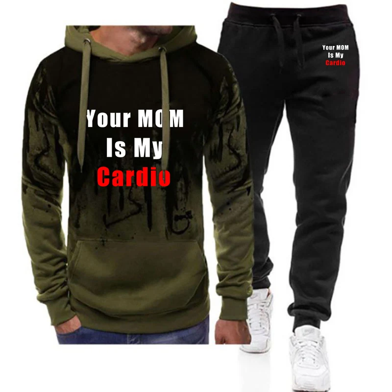 

2026 Your Mom Is My Cardio Gym Print Men's New Spring And Autumn Gradient Color Casual Pullover + Trouser Harajuku Suit