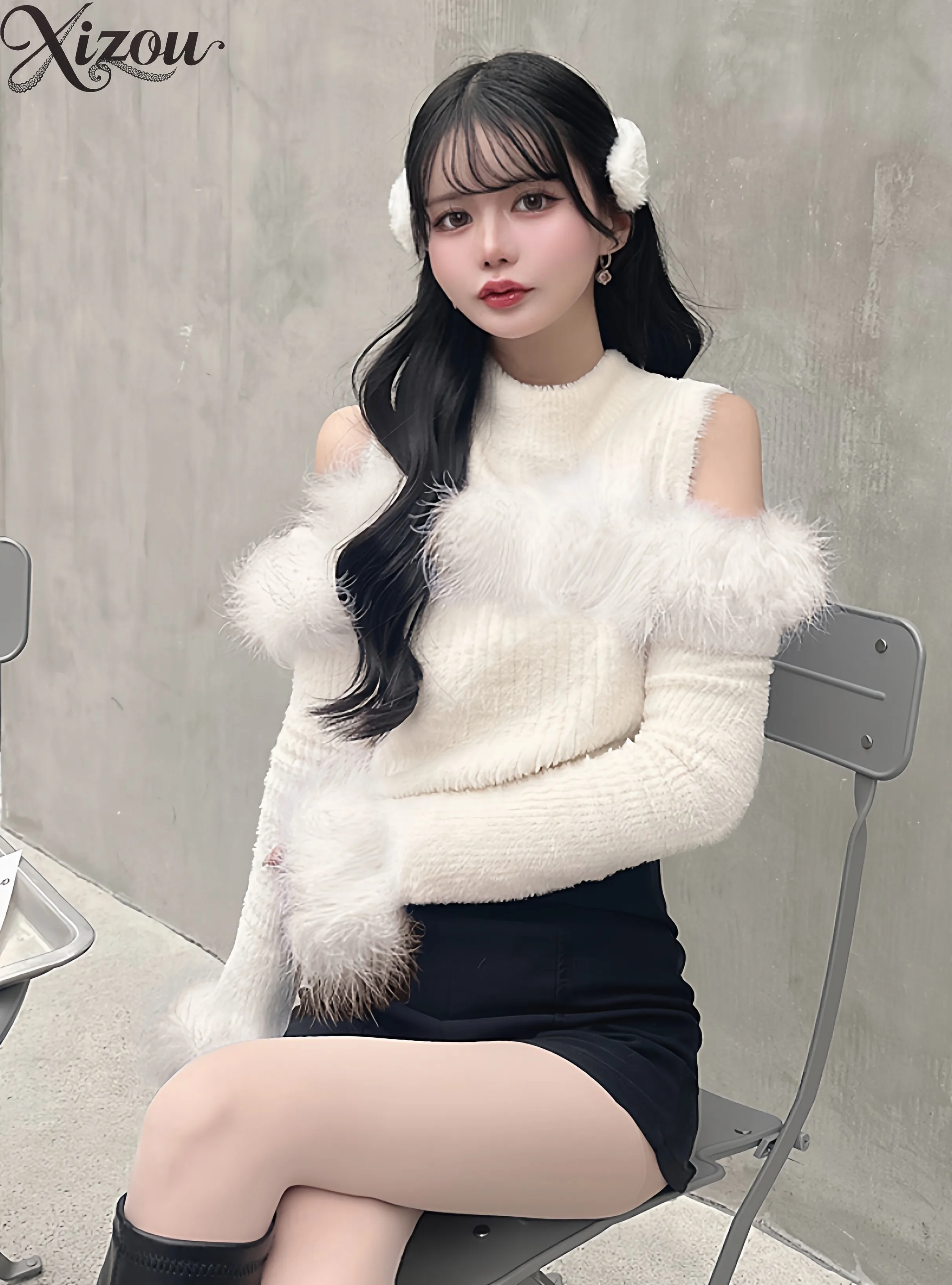 Japanese Custom Sweet Off-Shoulder Knitted Sweater Half High Neck Wool Spliced Hollow Out One-Shoulder Slim Base Shirt Women
