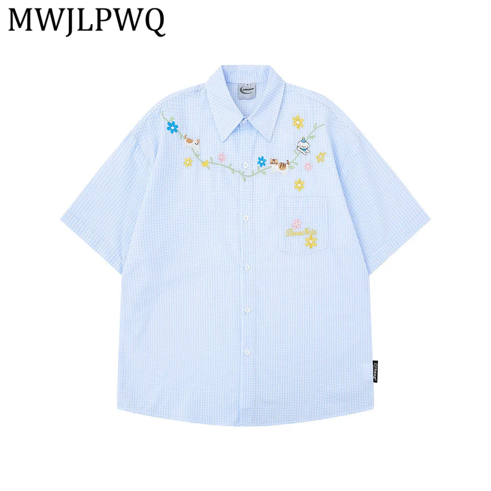 

MWJLPWQ Plaid Short-Sleeve Shirts For Boys Floral Embroidery Design Loose Fit Summer Vibe Trendy Tops Spring Summer Tide 14048