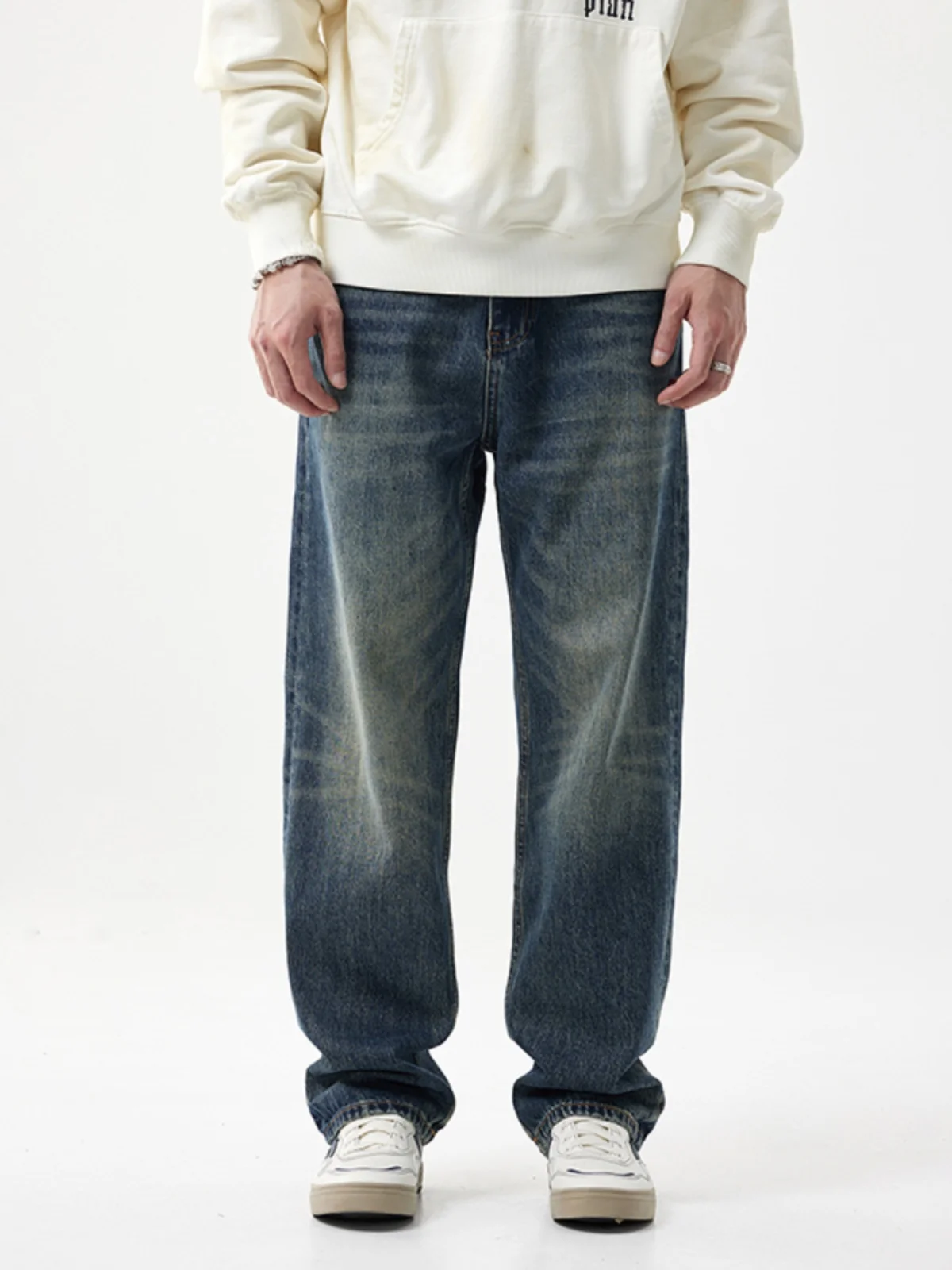 

Retro American Casual High-End Men's Jeans Trendy Faded High Street Pants Versatile Straight Loose Wide Leg Jeans