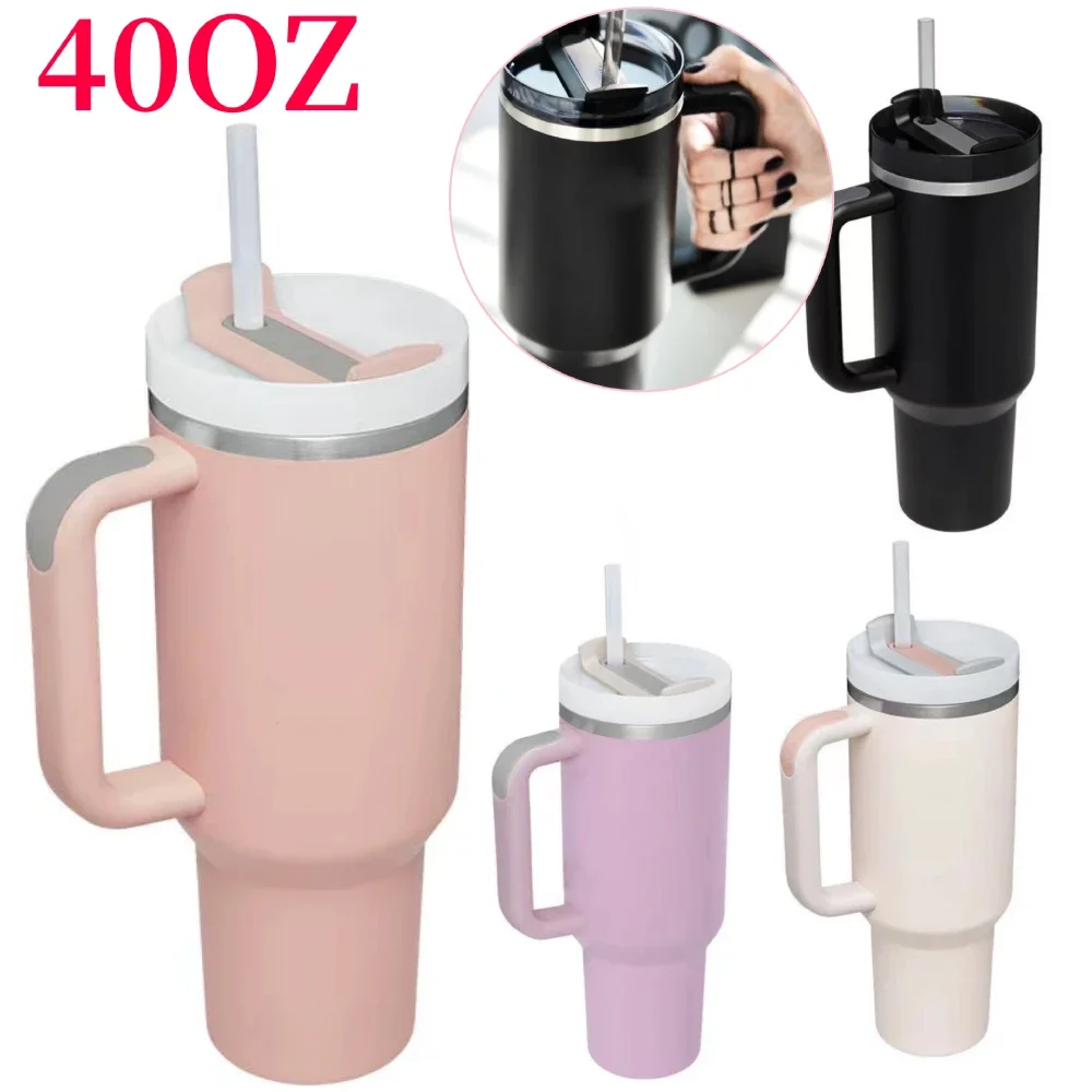 Tumbler with Handle Lid Straw 40oz Stainless Steel Water Bottle Vacuum Thermos Cup Travel Car Thermal Coffee Mug Cap Sport