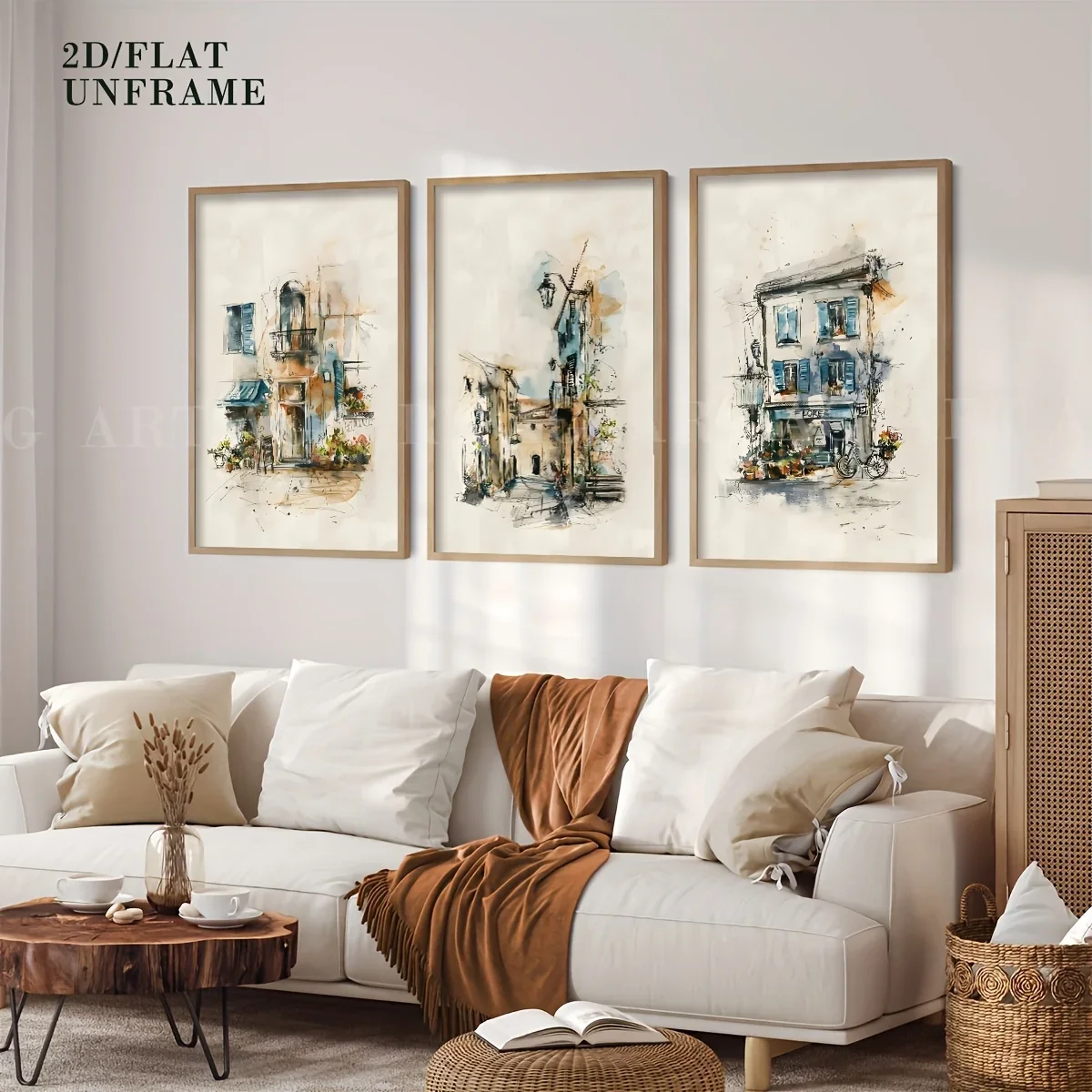 (No frame)3pcs/set of retro street scene, watercolor sketched canvas print, period wall art, hand drawn style decorative post