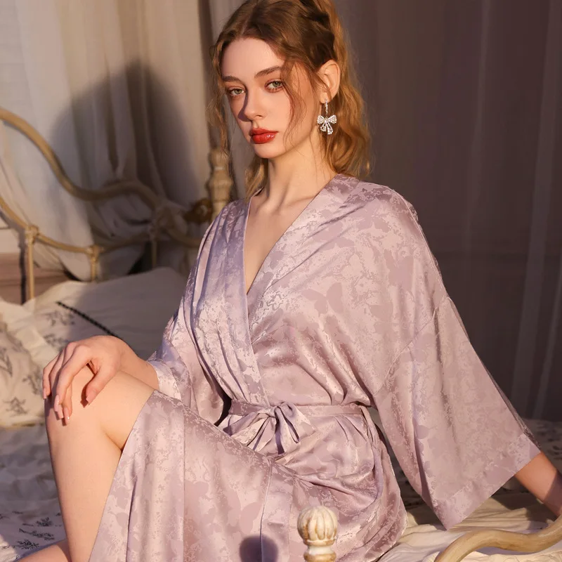 2026 Spring Summer Elegant Jacquard Long Robe Kimono Bathrobe Gown Female Sleepwear Nightgown Loose Satin Homewear Loungewear