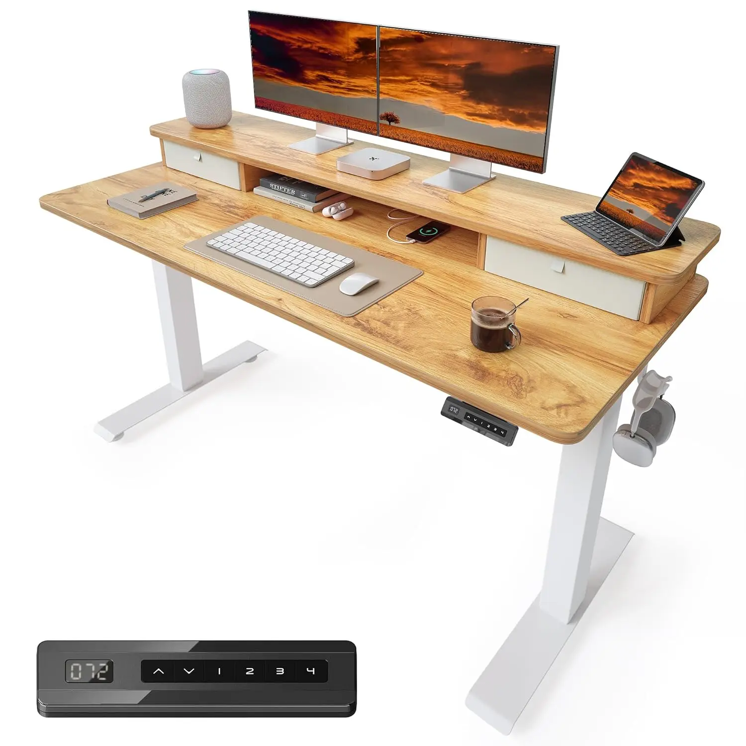 #55 x 24 Inch Electric Height Adjustable Standing Desk with Double Drawers, 4 Adjustable Feet & 2 Hooks, Home Office, Customized