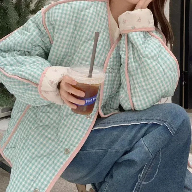 Women's Autumn and Winter Plus Cotton Coats on Both Sides.Retro Floral Small Fresh Color Matching Plaid Cotton-padded Jacket