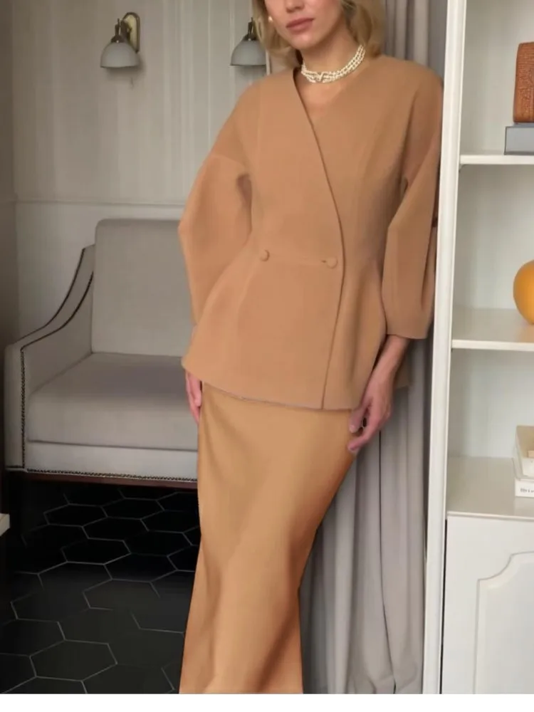 Autumn New Fashion Solid Color Button Puff Sleeve Skirt Two-piece Set Women's Elegant V-neck Long-sleeved Dress Dress Set