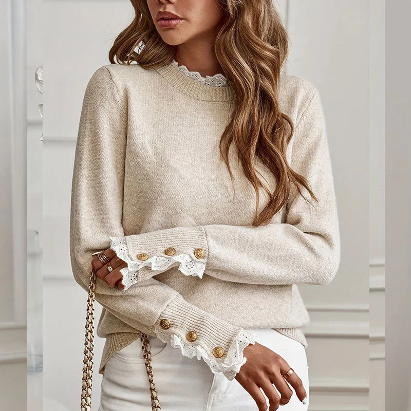 

Women's Long Sve Buttoned Pullover Knitted Sweater Loose Fit Knitwear Single Piece Spring Season Color