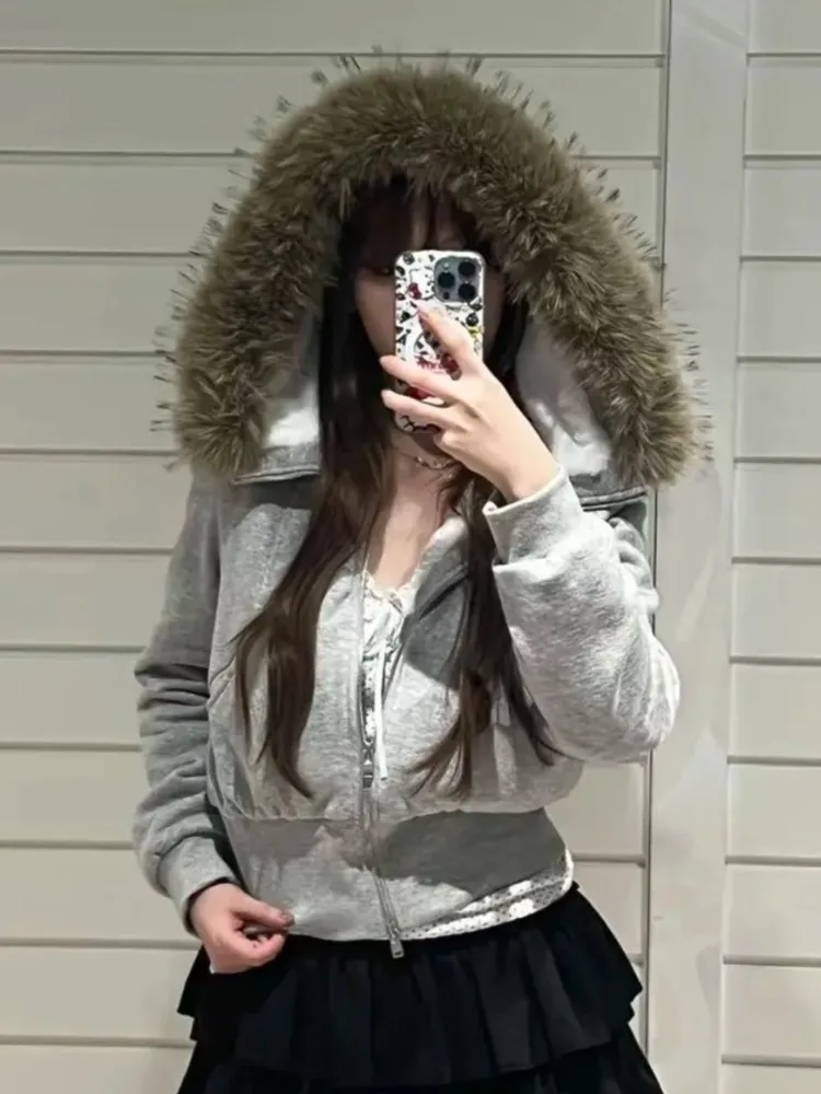 

Sweet Fleece Lined Plush Hooded Coat Women Autumn Casual Slim Pocket Cotton Warm Fur Collar Crop Tops Preppy Style Chic Cardigan