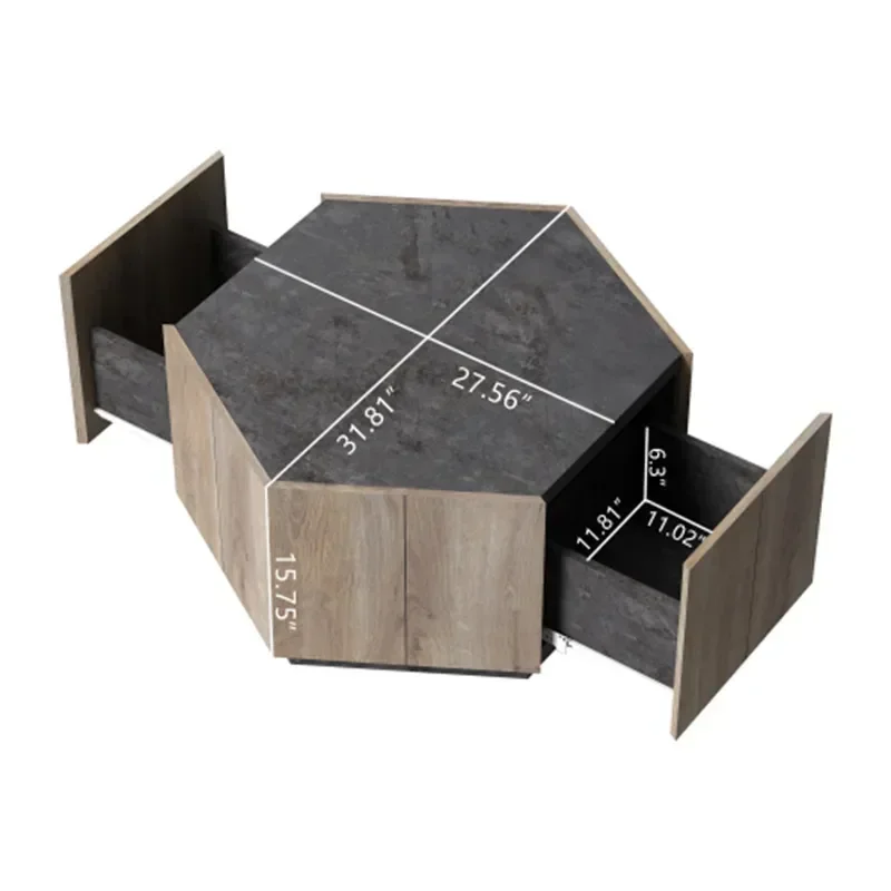 Hexagonal Rural Style Garden Retro Living Room Coffee Table with 2 drawers, Textured Black + Warm Oak