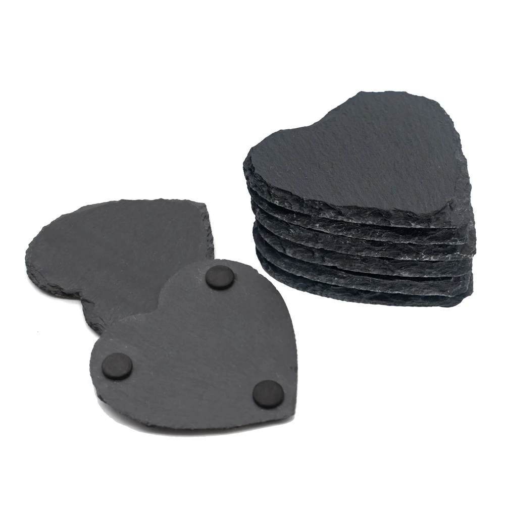 8pcs Heart Shape Black Slate Stone Coasters Engraving Blank with Anti-Scratch Bottom and Holder Drinks Cup Coasters for Bar Cafe