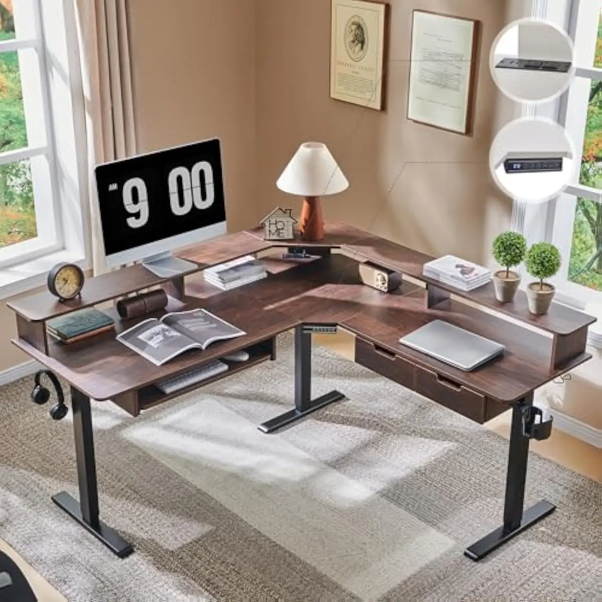 Electric L Shaped Standing Desk 60 x 60 Inches Adjustable Height with RGB LED Lighting 12 Scene Modes Built In Outlets Keyboard