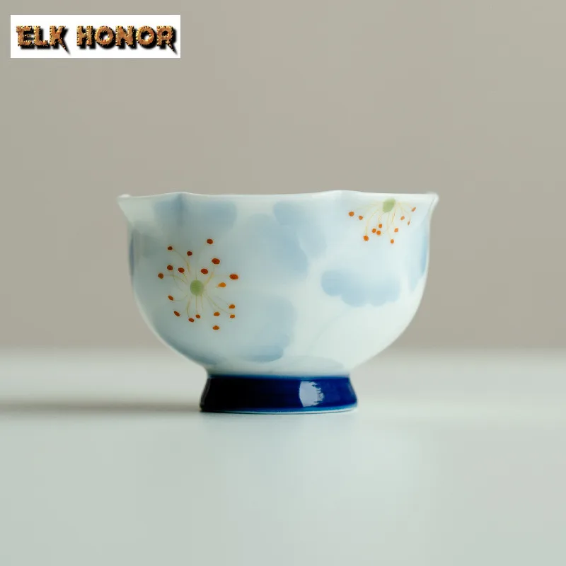 

2pc/lot Hand-painted Blue Shadow Begonia Flower High-foot Teacup Japanese Tea Bowl Sample Tea Cup Tea-tasting Personal Cup 40ml